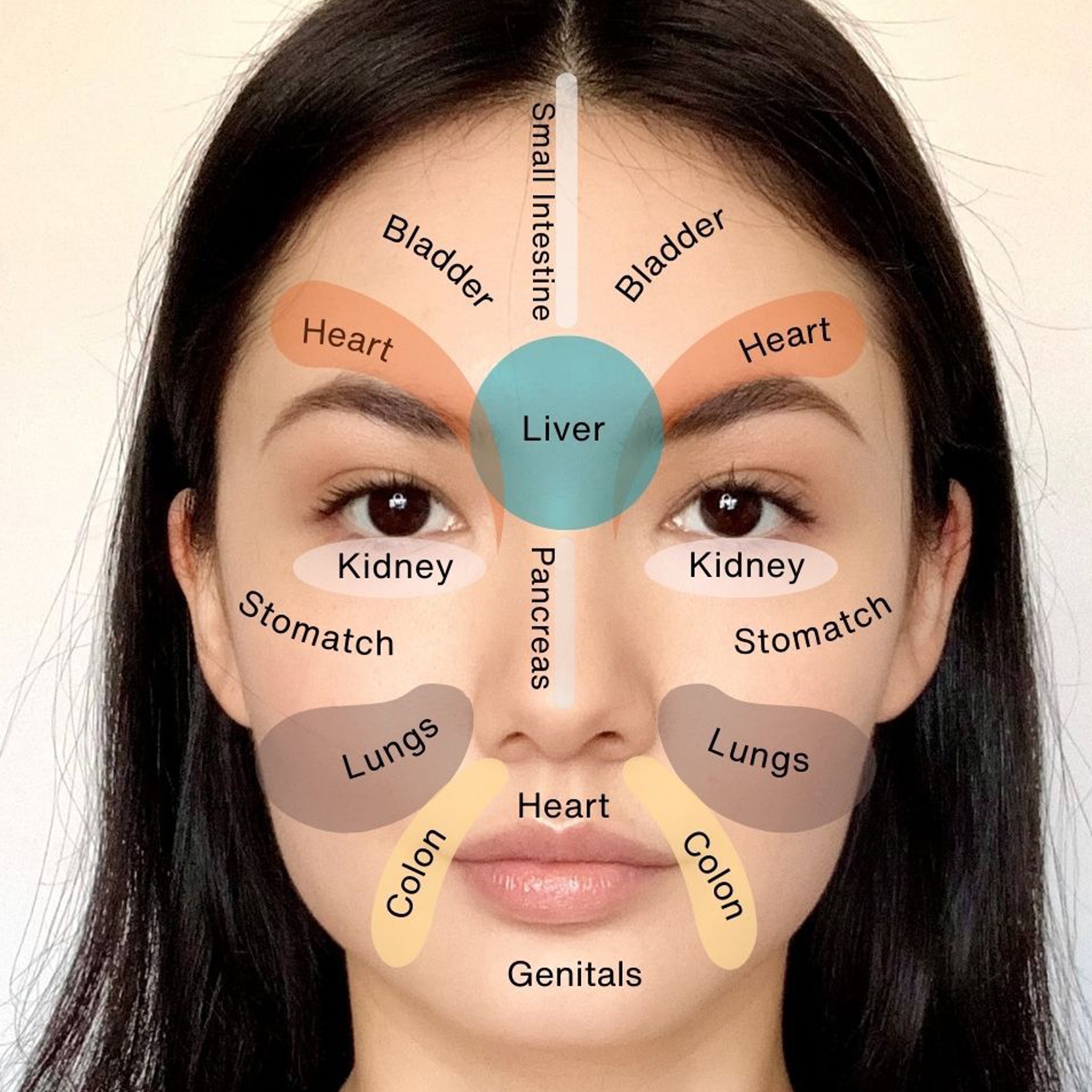 Facial acupressure points diagram on woman’s forehead