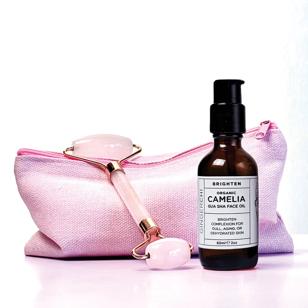 Gua Sha Oil & Rose Quartz Roller Set for facial massage